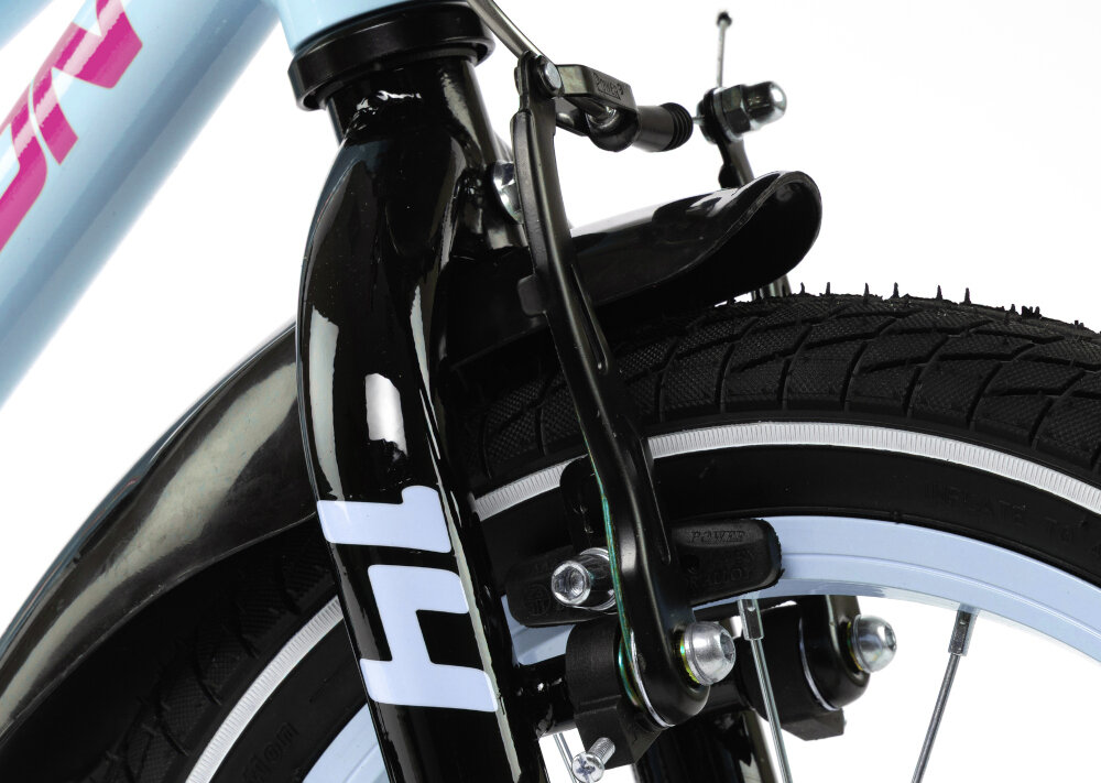 Rower dziecięcy KARBON Jazz 14 cali dla chłopca Miętowy zbliżenie na przedni hamulec podstawa bezpieczeństwa każdego rowerzysty przedni hamulec V-Brake tylny hamulec nożny Torpedo połączenie dwóch systemów zwiększa kontrolę nad rowerem mechanizmy są lekkie duża siła i skuteczność hamowania