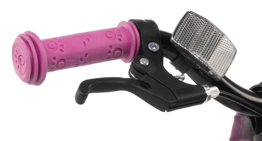 Rower dziecięcy KARBON Jazz 14 cali dla chłopca Miętowy zbliżenie na manetkę kierownicy na kierownicy odblask wygięta kierownica ergonomiczny kształt kontrola podczas manewrów i jazdy antypoślizgowe uchwyty pewność chwytu ograniczniki na końcach gripów zmniejsza ryzyko utraty równowagi pomaga dziecku bezpiecznie rozwijać umiejętności kierowania