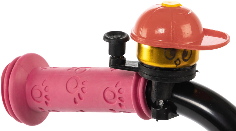 Rower dziecięcy KARBON Jazz 14 cali dla chłopca Miętowy zbliżenie na dzwonek białe tło praktyczny dzwonek sygnalizacja obecności element zwiększający bezpieczeństwo solidny pałąk prowadzący dla rodzica kontrolowanie toru jazdy oraz tempa