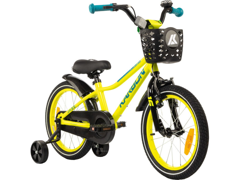Rower dziecięcy KARBON Jazz 16 cali dla chłopca Limonkowy rower na białym tle widoczny od przodu pod skosem rower dziecięcy przeznaczony dla dzieci w wieku od 4 do 6 lat trwałość wytrzymałość i mocna konstrukcja