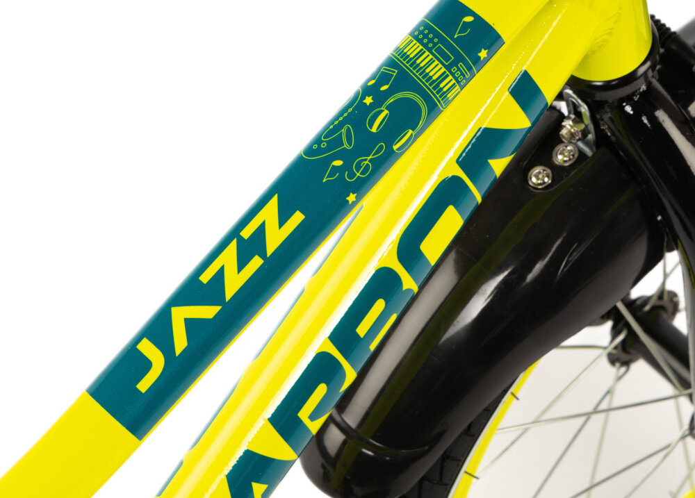 Rower dziecięcy KARBON Jazz 16 cali dla chłopca Limonkowy zbliżenie na ramę odpowiednio wyselekcjonowane materiały aluminiowa 8,5-calowa rama specjalnie dostosowana do najmłodszych geometria odporny na korozję wybór rozmiaru ramy Twój wzrost mierzony w zrelaksowanej pozycji typ roweru dla osób o wzroście od 105 do 120 cm