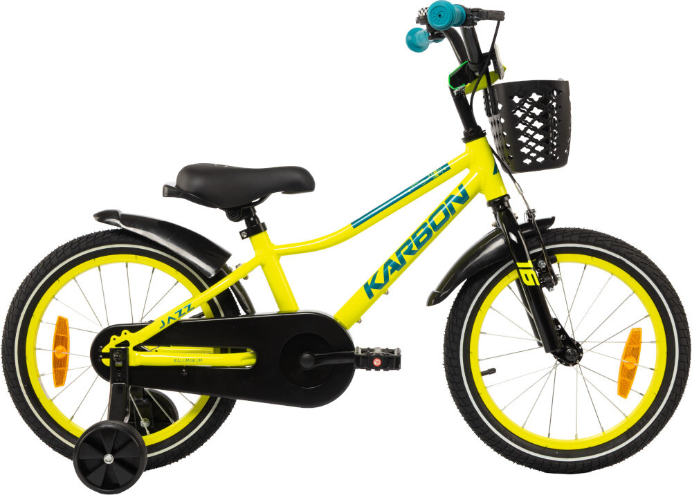 Rower dziecięcy KARBON Jazz 16 cali dla chłopca Limonkowy rowerek na białym tle widoczny z boku koła w rozmiarze 16 cali aluminiowe obręcze opony są stabilnie trzymane bezpieczna jazda błotniki osłaniają odzież dziecka przed zachlapaniem błotem regularne sprawdzanie ciśnienia powietrza wartość na bocznej części opony