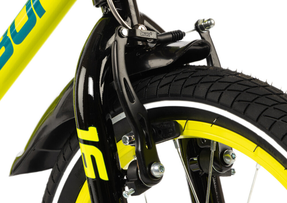 Rower dziecięcy KARBON Jazz 16 cali dla chłopca Limonkowy zbliżenie na przedni hamulec podstawa bezpieczeństwa każdego rowerzysty przedni hamulec V-Brake tylny hamulec nożny Torpedo połączenie dwóch systemów zwiększa kontrolę nad rowerem mechanizmy są lekkie duża siła i skuteczność hamowania