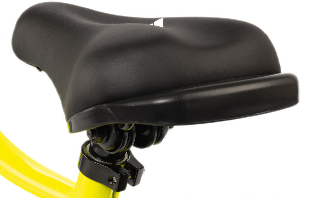 Rower dziecięcy KARBON Jazz 16 cali dla chłopca Limonkowy siodełko na białym tle piankowe siodełko miękkie i stabilne podparcie elastyczna struktura pianki dopasowuje się do sylwetki odporna na uszkodzenia powłoka zewnętrzna