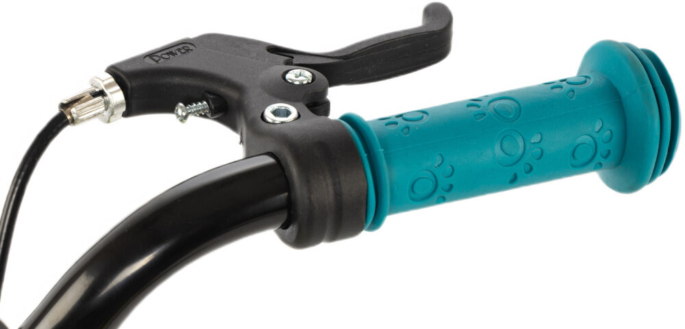 Rower dziecięcy KARBON Jazz 16 cali dla chłopca Limonkowy zbliżenie na manetkę kierownicy na kierownicy odblask wygięta kierownica ergonomiczny kształt kontrola podczas manewrów i jazdy antypoślizgowe uchwyty pewność chwytu ograniczniki na końcach gripów zmniejsza ryzyko utraty równowagi pomaga dziecku bezpiecznie rozwijać umiejętności kierowania