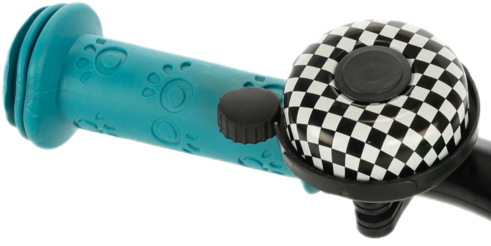 Rower dziecięcy KARBON Jazz 16 cali dla chłopca Limonkowy zbliżenie na dzwonek białe tło praktyczny dzwonek sygnalizacja obecności element zwiększający bezpieczeństwo solidny pałąk prowadzący dla rodzica kontrolowanie toru jazdy oraz tempa