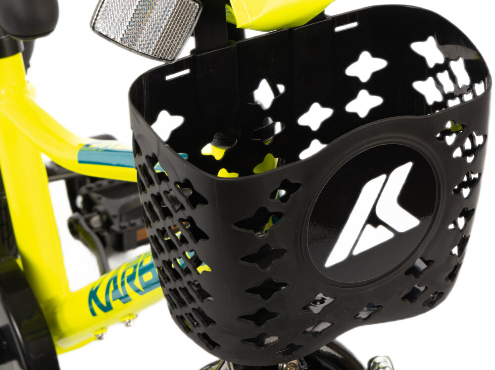 Rower dziecięcy KARBON Jazz 16 cali dla chłopca Limonkowy zbliżenie na koszyk praktyczny koszyk na kierownicy z lekkiego wytrzymałego materiału nie obciąża konstrukcji rowerka stabilnie utrzymuje przewożone drobiazgi