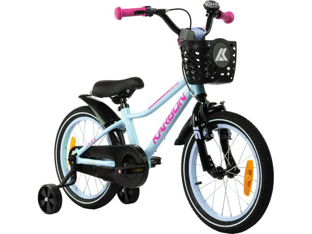 Rower dziecięcy KARBON Jazz 16 cali dla chłopca Miętowy rower na białym tle widoczny od przodu pod skosem rower dziecięcy przeznaczony dla dzieci w wieku od 4 do 6 lat trwałość wytrzymałość i mocna konstrukcja