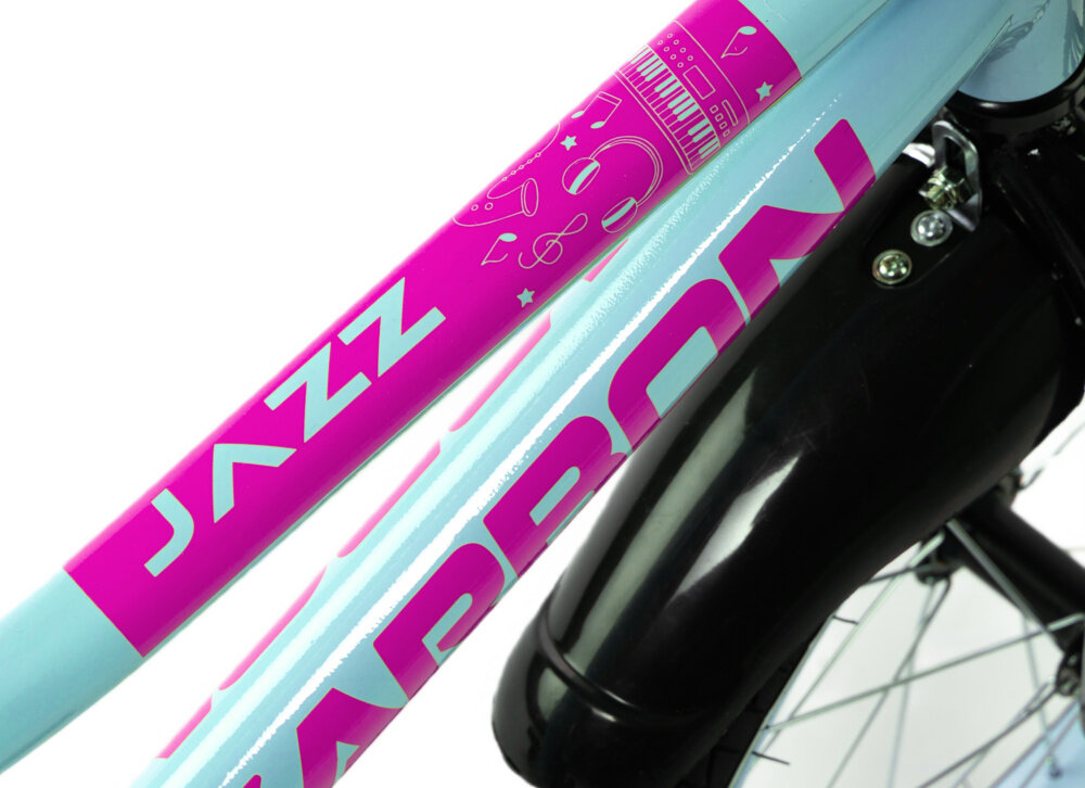 Rower dziecięcy KARBON Jazz 16 cali dla chłopca Miętowy zbliżenie na ramę odpowiednio wyselekcjonowane materiały aluminiowa 8,5-calowa rama specjalnie dostosowana do najmłodszych geometria odporny na korozję wybór rozmiaru ramy Twój wzrost mierzony w zrelaksowanej pozycji typ roweru dla osób o wzroście od 105 do 120 cm