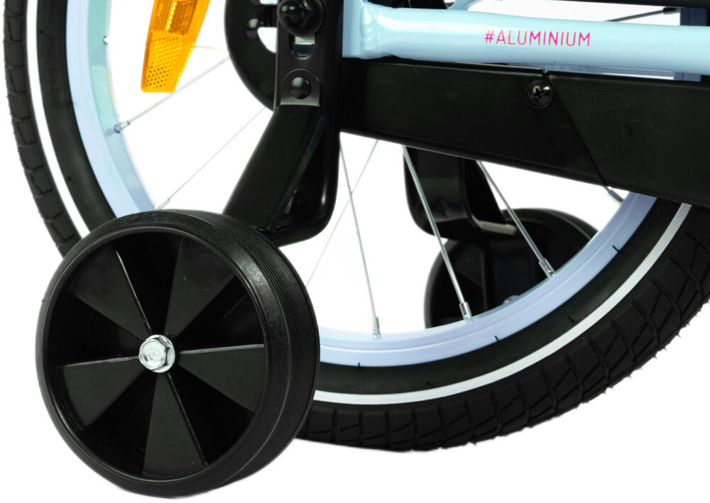 Rower dziecięcy KARBON Jazz 16 cali dla chłopca Miętowy zbliżenie na kółko boczne dziecko w początkowej fazie nauki boczne kółka można łatwo usunąć osłona łańcucha