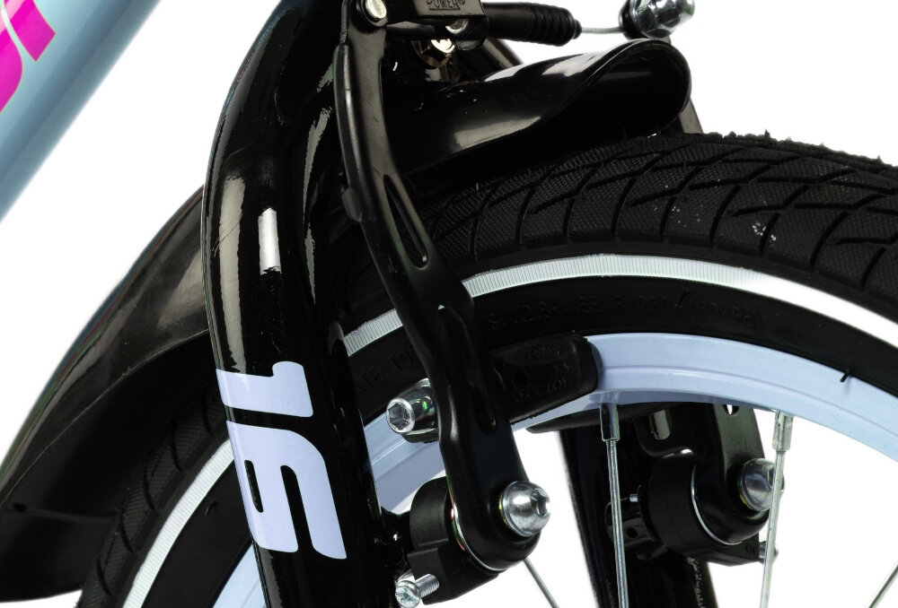 Rower dziecięcy KARBON Jazz 16 cali dla chłopca Miętowy zbliżenie na przedni hamulec podstawa bezpieczeństwa każdego rowerzysty przedni hamulec V-Brake tylny hamulec nożny Torpedo połączenie dwóch systemów zwiększa kontrolę nad rowerem mechanizmy są lekkie duża siła i skuteczność hamowania