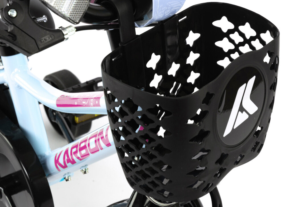 Rower dziecięcy KARBON Jazz 16 cali dla chłopca Miętowy zbliżenie na koszyk praktyczny koszyk na kierownicy z lekkiego wytrzymałego materiału nie obciąża konstrukcji rowerka stabilnie utrzymuje przewożone drobiazgi