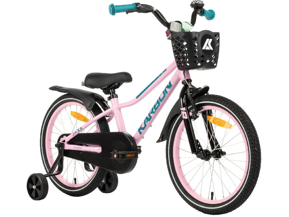Rower dziecięcy KARBON Jazz 18 cali dla chłopca Różowy rower na białym tle widoczny od przodu pod skosem rower dziecięcy przeznaczony dla dzieci w wieku od 4 do 6 lat trwałość wytrzymałość i mocna konstrukcja