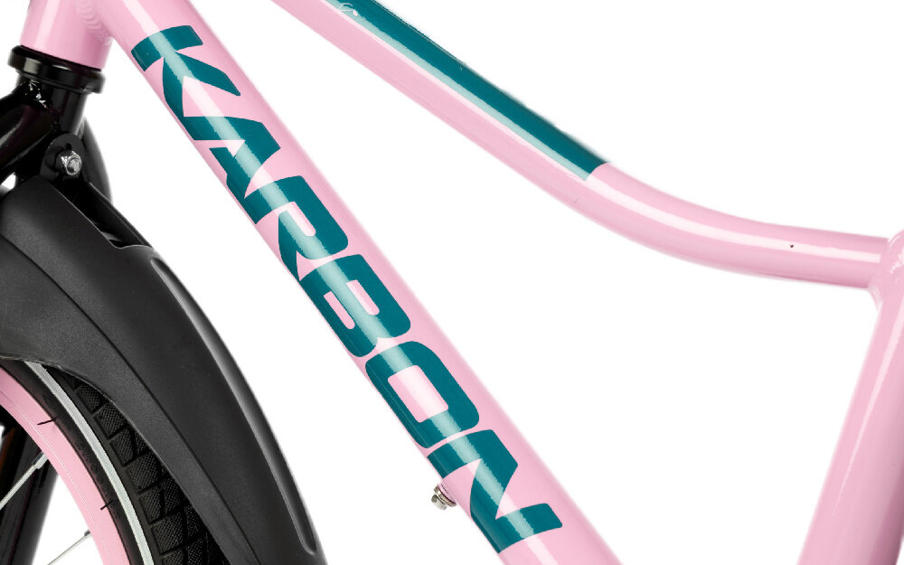 Rower dziecięcy KARBON Jazz 18 cali dla chłopca Różowy zbliżenie na ramę odpowiednio wyselekcjonowane materiały aluminiowa 8,5-calowa rama specjalnie dostosowana do najmłodszych geometria odporny na korozję wybór rozmiaru ramy Twój wzrost mierzony w zrelaksowanej pozycji typ roweru dla osób o wzroście od 105 do 120 cm