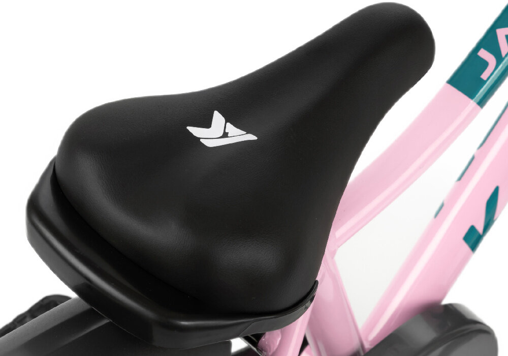Rower dziecięcy KARBON Jazz 18 cali dla chłopca Różowy siodełko na białym tle piankowe siodełko miękkie i stabilne podparcie elastyczna struktura pianki dopasowuje się do sylwetki odporna na uszkodzenia powłoka zewnętrzna
