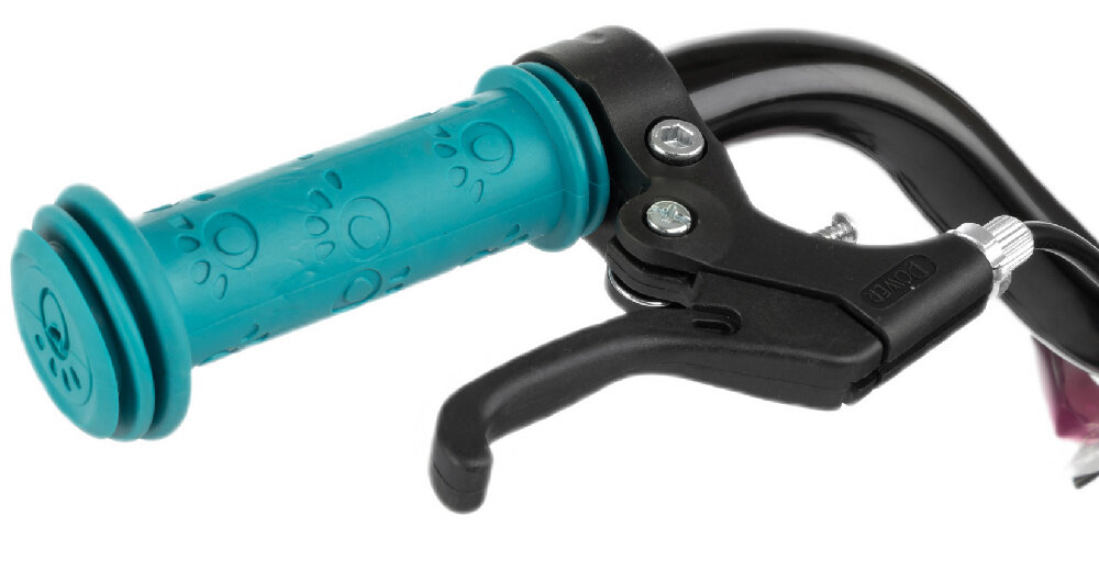 Rower dziecięcy KARBON Jazz 18 cali dla chłopca Różowy zbliżenie na manetkę kierownicy na kierownicy odblask wygięta kierownica ergonomiczny kształt kontrola podczas manewrów i jazdy antypoślizgowe uchwyty pewność chwytu ograniczniki na końcach gripów zmniejsza ryzyko utraty równowagi pomaga dziecku bezpiecznie rozwijać umiejętności kierowania