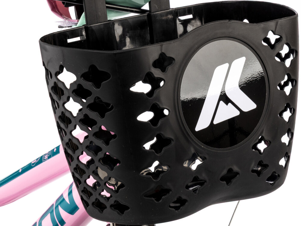 Rower dziecięcy KARBON Jazz 18 cali dla chłopca Różowy zbliżenie na koszyk praktyczny koszyk na kierownicy z lekkiego wytrzymałego materiału nie obciąża konstrukcji rowerka stabilnie utrzymuje przewożone drobiazgi