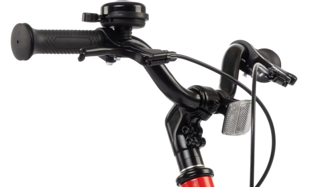 Rower dziecięcy KARBON Superlight 14 cali dla chłopca Czerwony kierownica na białym tle widoczna od przodu lekka aluminiowa kierownica typu LOW RISE KID wygodna naturalna pozycja aluminiowy wspornik stabilne mocowanie trwałość antypoślizgowe uchwyty ograniczniki na końcach gripów