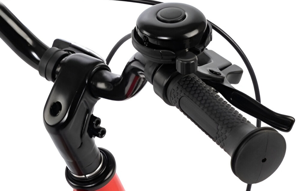 Rower dziecięcy KARBON Superlight 14 cali dla chłopca Czerwony białe tło zbliżenie na dzwonek praktyczny dzwonek sygnalizowanie obecności element zwiększający bezpieczeństwo