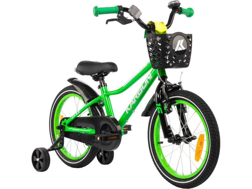 Rower dziecięcy KARBON Jazz 16 cali dla chłopca Zielony Neon rower na białym tle widoczny od przodu pod skosem rower dziecięcy przeznaczony dla dzieci w wieku od 4 do 6 lat trwałość wytrzymałość i mocna konstrukcja