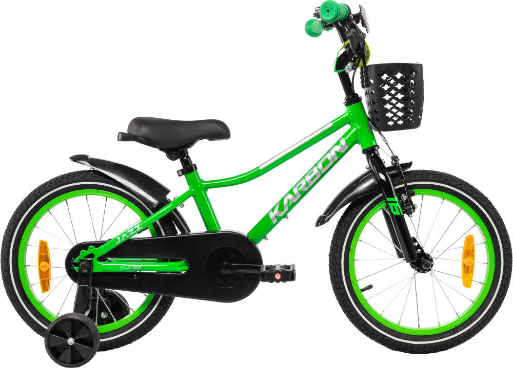 Rower dziecięcy KARBON Jazz 16 cali dla chłopca Zielony Neon rowerek na białym tle widoczny z boku odpowiednio wyselekcjonowane materiały aluminiowa 8,5-calowa rama specjalnie dostosowana do najmłodszych geometria odporny na korozję wybór rozmiaru ramy Twój wzrost mierzony w zrelaksowanej pozycji typ roweru dla osób o wzroście od 105 do 120 cm