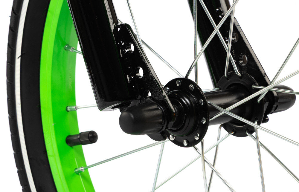 Rower dziecięcy KARBON Jazz 16 cali dla chłopca Zielony Neon zbliżenie na oponę szprychy obręcze koła w rozmiarze 16 cali aluminiowe obręcze opony są stabilnie trzymane bezpieczna jazda błotniki osłaniają odzież dziecka przed zachlapaniem błotem regularne sprawdzanie ciśnienia powietrza wartość na bocznej części opony