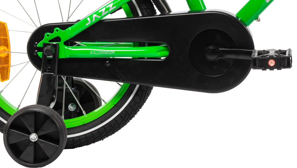 Rower dziecięcy KARBON Jazz 16 cali dla chłopca Zielony Neon zbliżenie na kółko boczne i osłonę boczne kółka asekurują dziecko w początkowej fazie nauki boczne kółka można łatwo usunąć osłona łańcucha