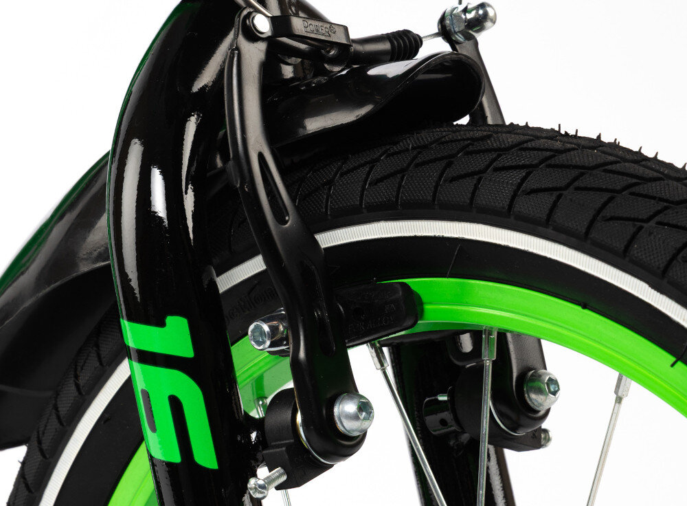 Rower dziecięcy KARBON Jazz 16 cali dla chłopca Zielony Neon zbliżenie na przedni hamulec podstawa bezpieczeństwa każdego rowerzysty przedni hamulec V-Brake tylny hamulec nożny Torpedo połączenie dwóch systemów zwiększa kontrolę nad rowerem mechanizmy są lekkie duża siła i skuteczność hamowania