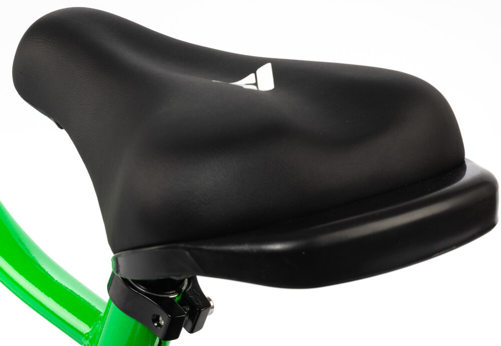 Rower dziecięcy KARBON Jazz 16 cali dla chłopca Zielony Neon siodełko na białym tle piankowe siodełko miękkie i stabilne podparcie elastyczna struktura pianki dopasowuje się do sylwetki odporna na uszkodzenia powłoka zewnętrzna