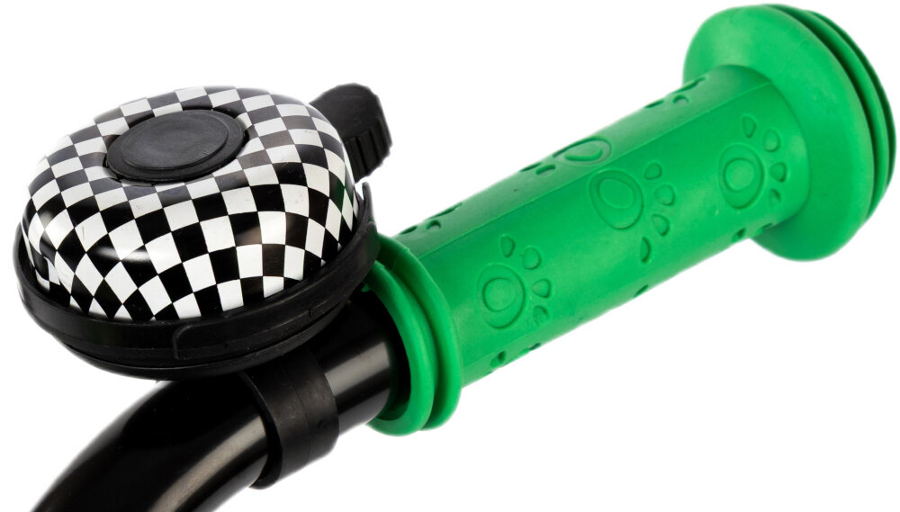 Rower dziecięcy KARBON Jazz 16 cali dla chłopca Zielony Neon zbliżenie na dzwonek białe tło praktyczny dzwonek sygnalizacja obecności element zwiększający bezpieczeństwo solidny pałąk prowadzący dla rodzica kontrolowanie toru jazdy oraz tempa