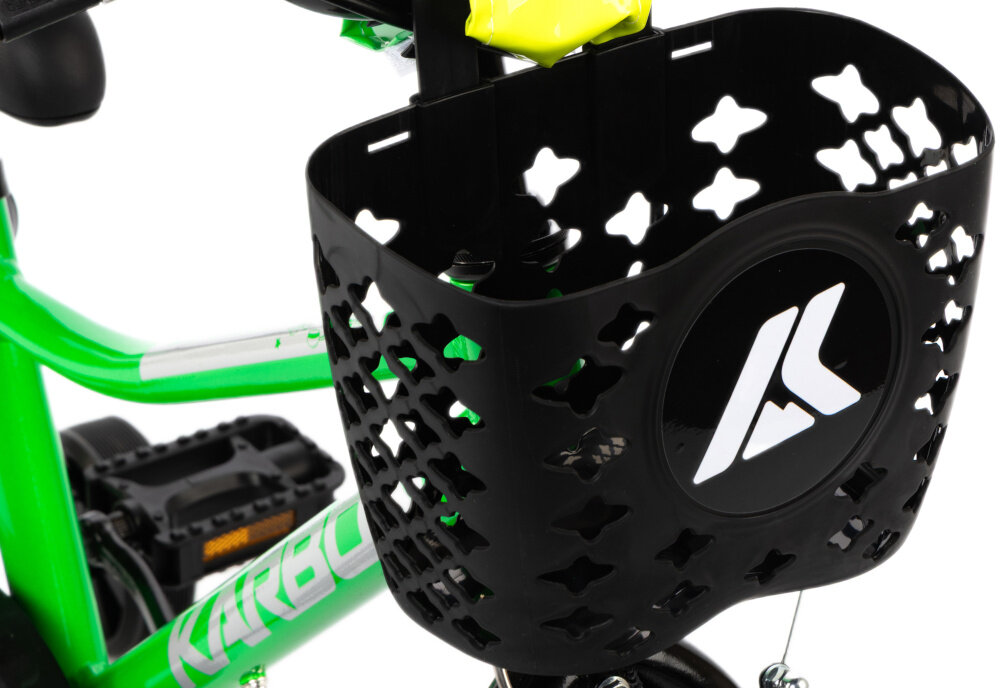 Rower dziecięcy KARBON Jazz 16 cali dla chłopca Zielony Neon zbliżenie na koszyk praktyczny koszyk na kierownicy z lekkiego wytrzymałego materiału nie obciąża konstrukcji rowerka stabilnie utrzymuje przewożone drobiazgi