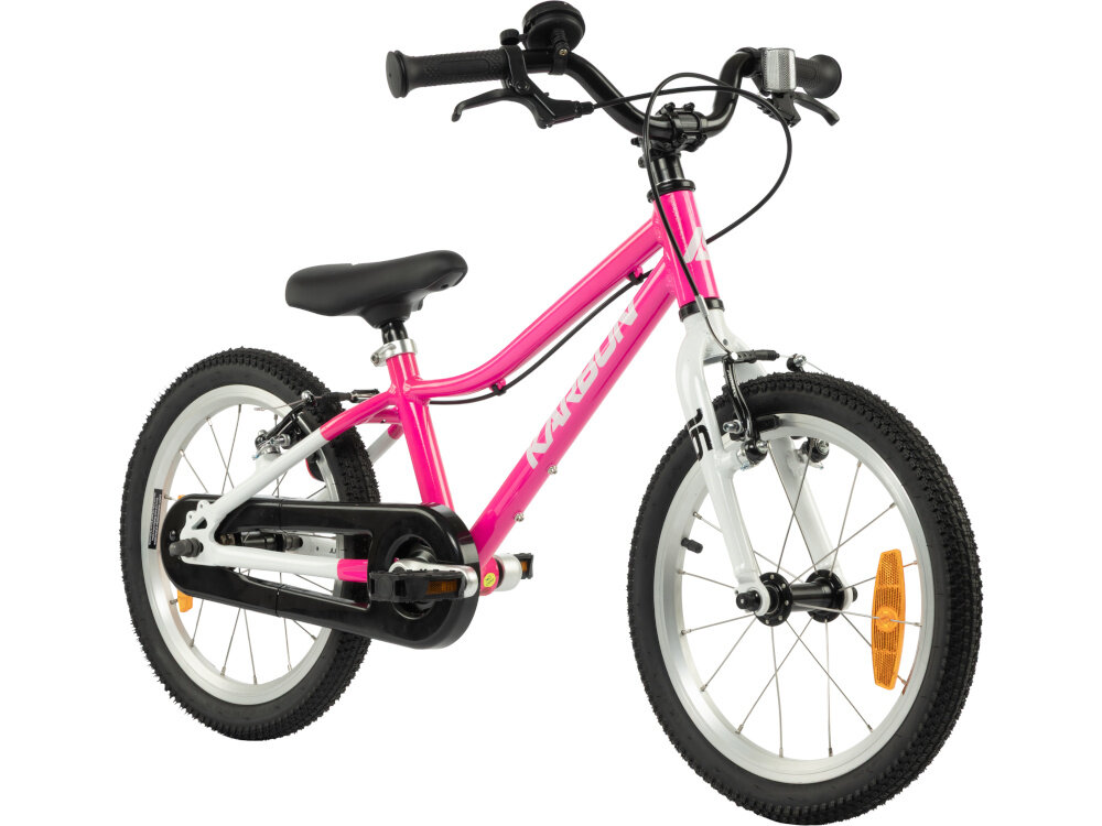 Rower dziecięcy KARBON Superlight 16 cali dla dziewczynki Różowy rower na białym tle widoczny od przodu pod skosem lekko pod skosem hamulca lekka aluminiowa kierownica typu LOW RISE KID wygodna naturalna pozycja aluminiowy wspornik stabilne mocowanie trwałość antypoślizgowe uchwyty ograniczniki na końcach gripów