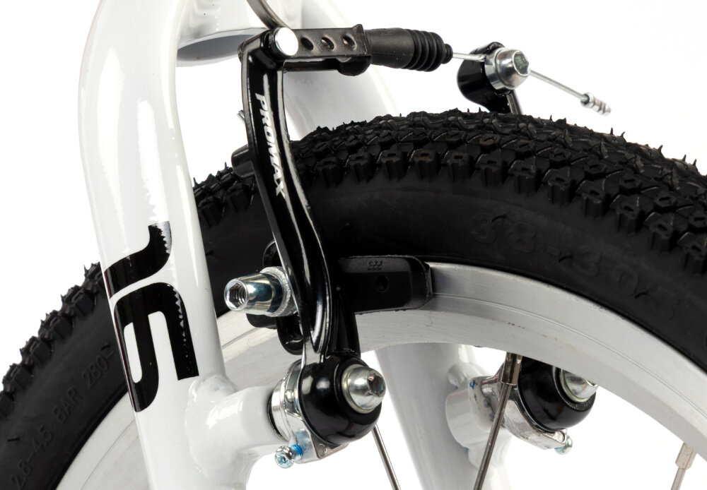 Rower dziecięcy KARBON Superlight Automatic 16 cali dla chłopca Czerwony zbliżenie na przedni hamulec białe tło podstawa bezpieczeństwa przedni i tylny hamulec typu V-Brake marki PROMAX z lekkiego aluminium skuteczne i pewne zatrzymanie duża siła hamowania precyzyjna kontrola prędkości bezpieczeństwo dziecka