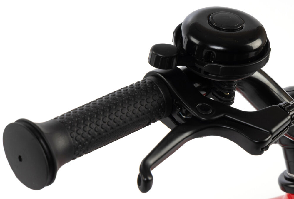 Rower dziecięcy KARBON Superlight Automatic 16 cali dla chłopca Czerwony białe tło zbliżenie na dzwonek praktyczny dzwonek sygnalizowanie obecności element zwiększający bezpieczeństwo