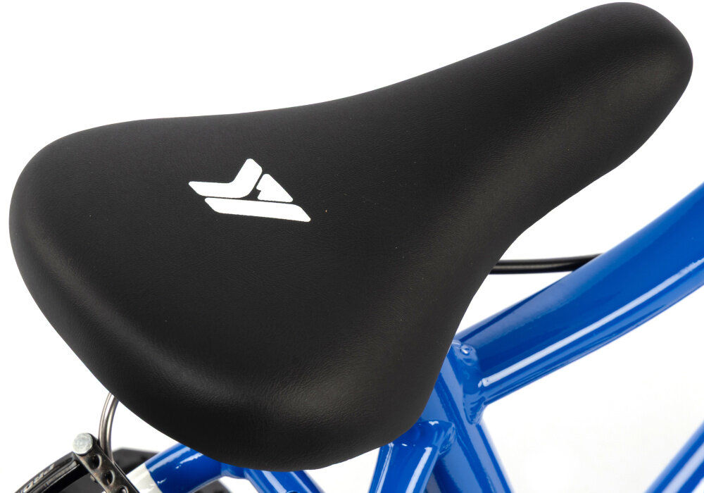 Rower dziecięcy KARBON Superlight Automatic 16 cali dla chłopca Niebieski zbliżenie na siodełko widok z góry białe tło wygodne siodło KARBON Superlight lekki aluminiowy wspornik stabilność solidna konstrukcja trwałość i pewne mocowanie siodełka ergonomicznie zaprojektowane siodełko wygoda