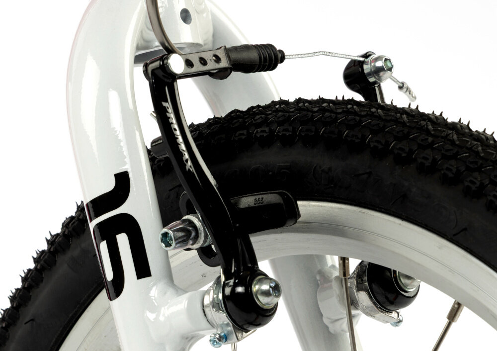 Rower dziecięcy KARBON Superlight Automatic 16 cali dla dziewczynki Różowy zbliżenie na przedni hamulec białe tło podstawa bezpieczeństwa przedni i tylny hamulec typu V-Brake marki PROMAX z lekkiego aluminium skuteczne i pewne zatrzymanie duża siła hamowania precyzyjna kontrola prędkości bezpieczeństwo dziecka