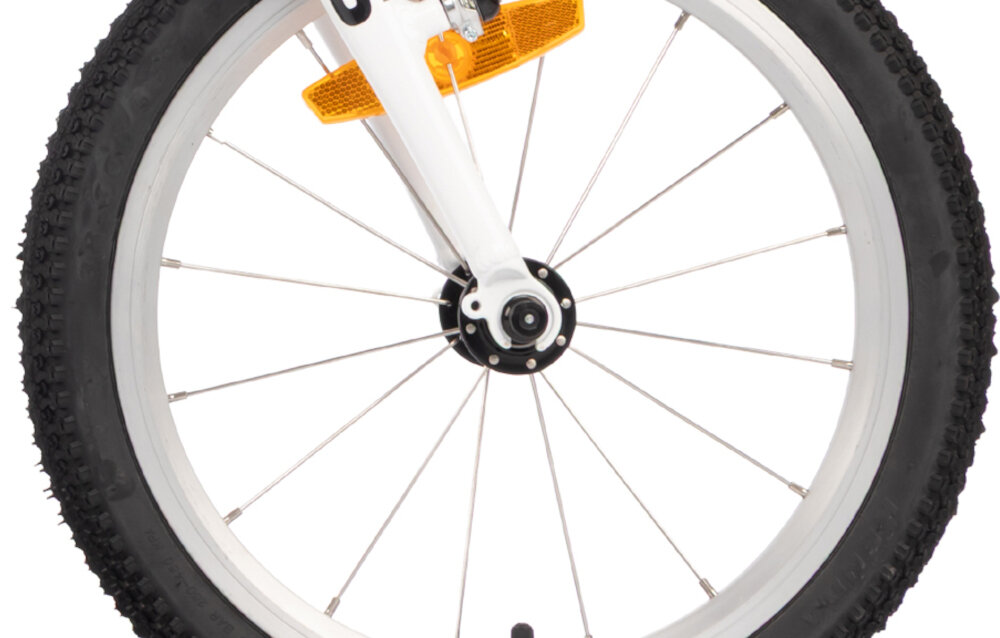 Rower dziecięcy KARBON Superlight 16 cali dla chłopca Fioletowy zbliżenie na oponę szprychy i obręcze koła w rozmiarze 16 x 1.5 lekkość trwałość aluminiowe, lakierowane obręcze odporne na korozję i uszkodzenia aluminiowe piasty jazda lekka płynna stabilna regularne sprawdzanie ciśnienia powietrza wartość na bocznej części opony