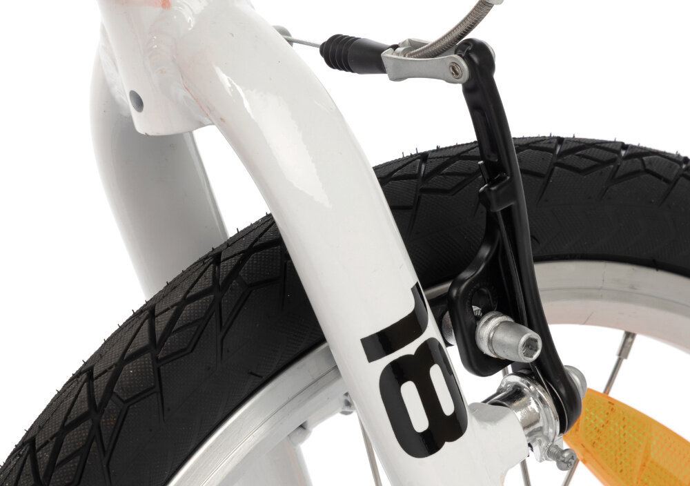 Rower dziecięcy KARBON Superlight Automatic 18 cali dla chłopca Czerwony zbliżenie na przedni hamulec białe tło podstawa bezpieczeństwa przedni i tylny hamulec typu V-Brake marki PROMAX z lekkiego aluminium skuteczne i pewne zatrzymanie duża siła hamowania precyzyjna kontrola prędkości bezpieczeństwo dziecka