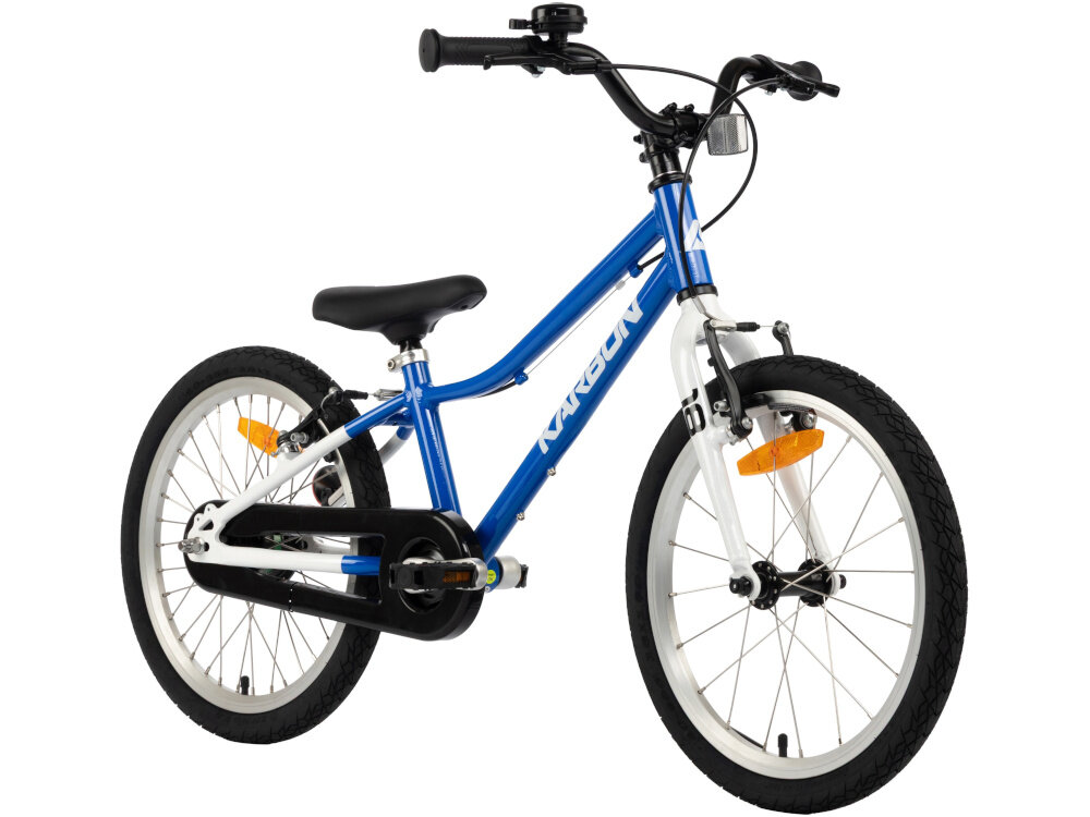 Rower dziecięcy KARBON Superlight Automatic 18 cali dla chłopca Niebieski rower na białym tle widoczny od przodu pod skosem hamulca lekka aluminiowa kierownica typu LOW RISE KID wygodna naturalna pozycja aluminiowy wspornik stabilne mocowanie trwałość antypoślizgowe uchwyty ograniczniki na końcach gripów