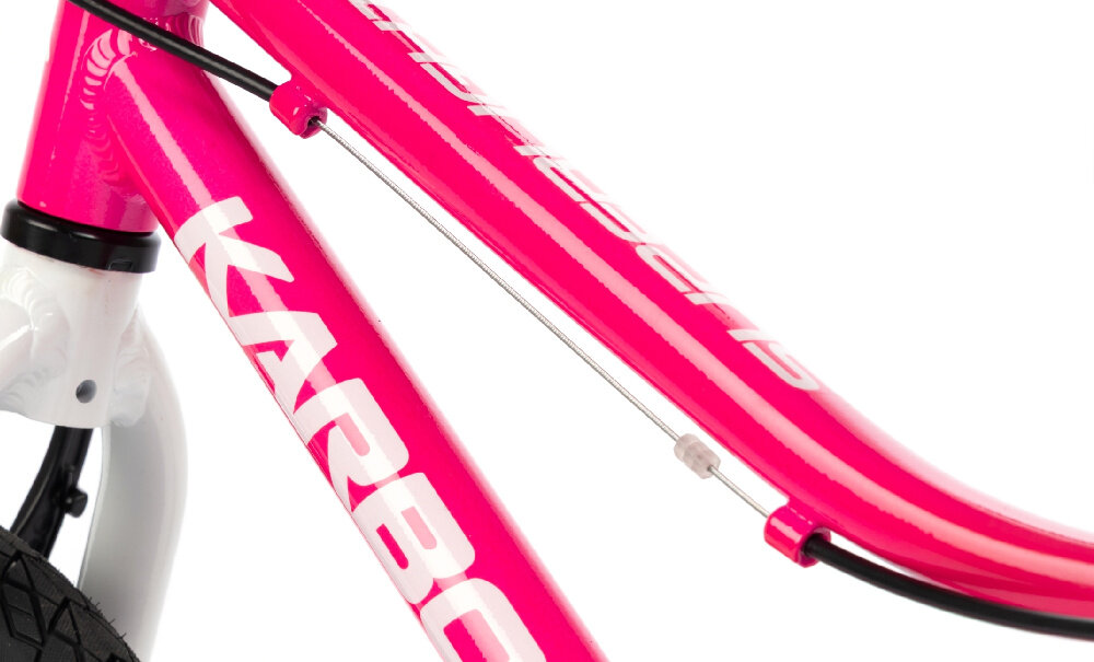 Rower dziecięcy KARBON Superlight Automatic 18 cali dla dziewczynki Różowy zbliżenie na ramę widok z góry białe tło odpowiednio wyselekcjonowane materiały aluminiowa 9,5-calowa rama dostosowana do najmłodszych geometria odporność na korozję wybór rozmiaru ramy Twój wzrost mierzony w zrelaksowanej pozycji typ roweru dla dzieci o wzroście od 107 do 180 cm