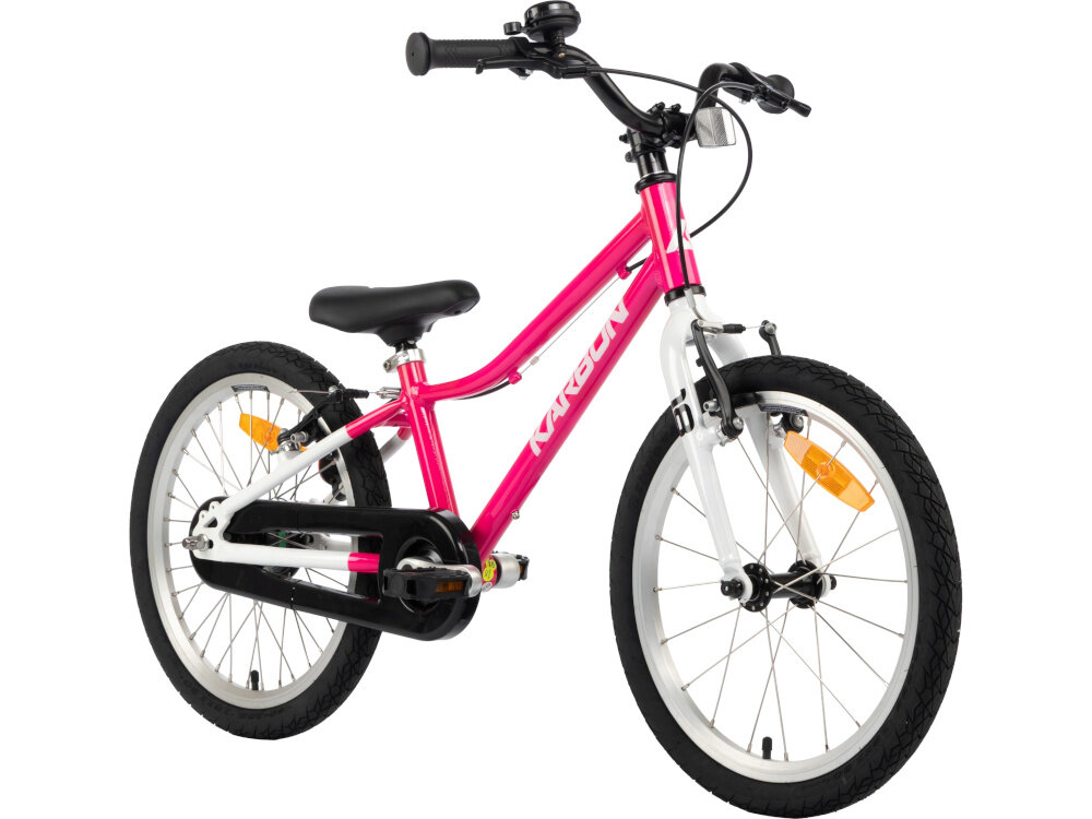 Rower dziecięcy KARBON Superlight Automatic 18 cali dla dziewczynki Różowy rower na białym tle widoczny od przodu pod skosem hamulca lekka aluminiowa kierownica typu LOW RISE KID wygodna naturalna pozycja aluminiowy wspornik stabilne mocowanie trwałość antypoślizgowe uchwyty ograniczniki na końcach gripów