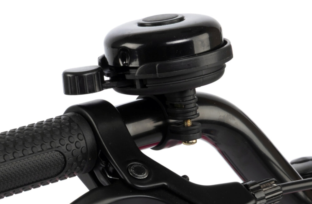 Rower dziecięcy KARBON Superlight Automatic 18 cali dla dziewczynki Różowy białe tło zbliżenie na dzwonek praktyczny dzwonek sygnalizowanie obecności element zwiększający bezpieczeństwo