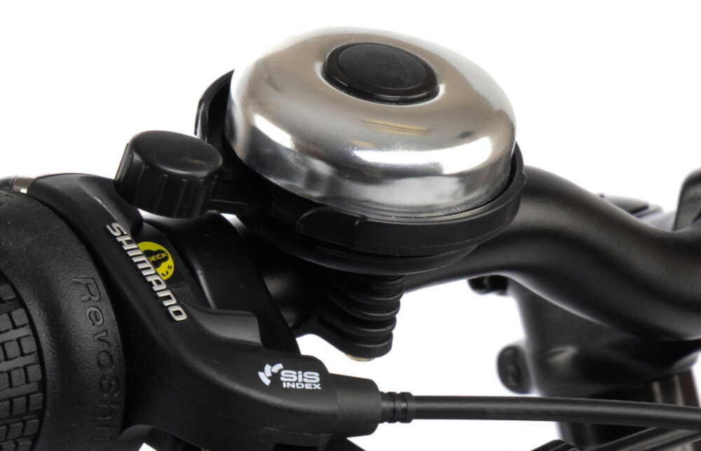 Rower młodzieżowy KARBON Superlight 26 cale dla chłopca Czarny białe tło zbliżenie na dzwonek praktyczny dzwonek sygnalizowanie obecności element zwiększający bezpieczeństwo