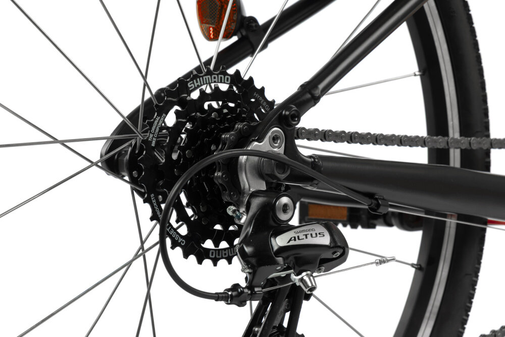 Rower młodzieżowy KARBON Superlight 24 cale dla dziewczynki Różowy zbliżenie na przerzutkę 7 przełożeń tylna przerzutka SHIMANO Altus technologia SHADOW przerzutka jest schowana i mniej narażona na uszkodzenia duża wytrzymałość i precyzyjne działanie zmiana biegów jest płynna i bezproblemowa obrotowa manetka SHIMANO RS35