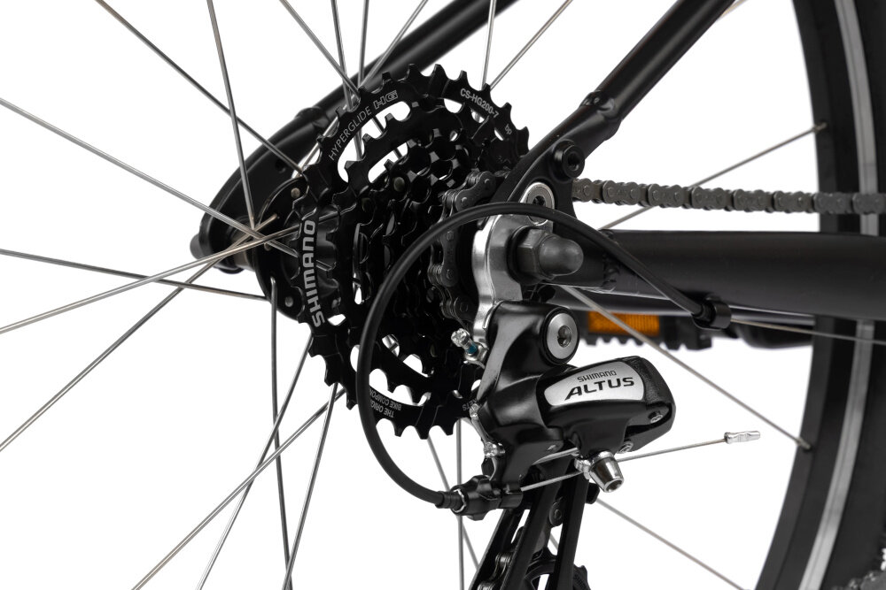Rower młodzieżowy KARBON Superlight 26 cale dla chłopca Miedziany zbliżenie na przerzutkę 7 przełożeń tylna przerzutka SHIMANO Altus technologia SHADOW przerzutka jest schowana i mniej narażona na uszkodzenia duża wytrzymałość i precyzyjne działanie zmiana biegów jest płynna i bezproblemowa obrotowa manetka SHIMANO RS35