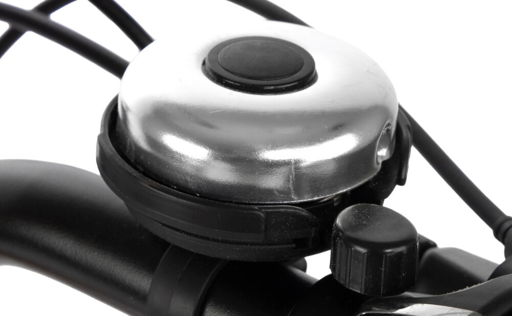 Rower młodzieżowy KARBON Superlight 26 cale dla chłopca Miedziany białe tło zbliżenie na dzwonek praktyczny dzwonek sygnalizowanie obecności element zwiększający bezpieczeństwo