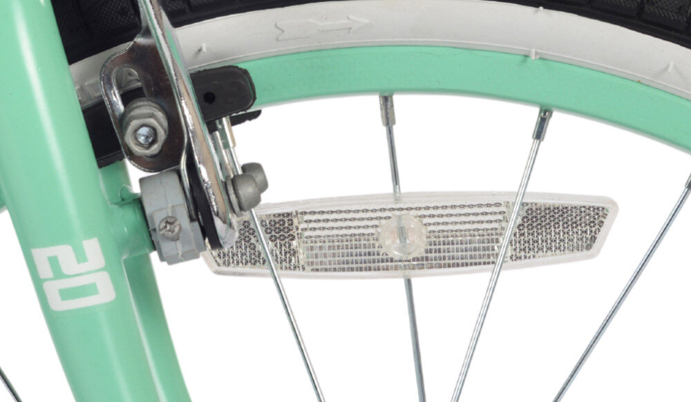 Rower dziecięcy INDIANA Pretty 20 cali dla dziewczynki Miętowy zbliżenie na odblask na kole białe tło reflektory odblaskowe pod siodełkiem na szprychach kół zwiększa widoczność dziecka rower jest lepiej zauważalny większe bezpieczeństwo