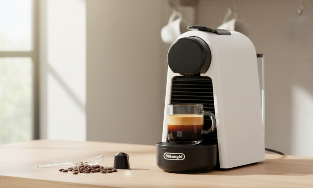 Biały ekspres do kawy z filiżanką espresso na podstawce, z widocznym logo \'DeLonghi\'. Obok ekspresu leżą ziarna kawy i łyżeczka.