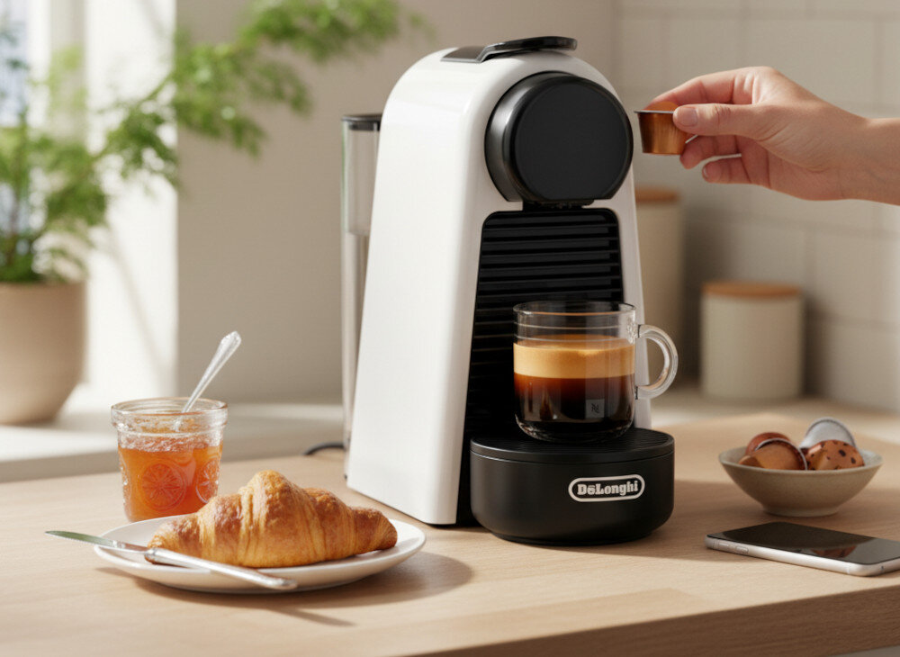 Na blacie kuchennym stoi biały ekspres do kawy z logo \'DeLonghi\', obok którego znajduje się filiżanka z kawą. Na blacie widoczne są również talerz z rogalikiem, słoik z dżemem, miska z kapsułkami do kawy i smartfon.