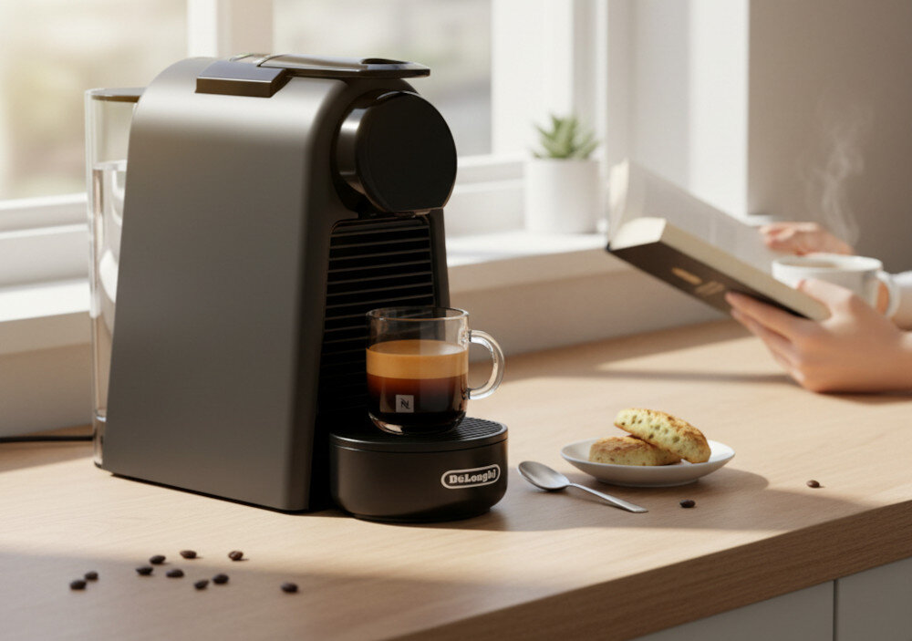 Na blacie stoi ekspres do kawy z filiżanką espresso, obok leży talerz z ciastkami i łyżeczka. Na ekspresie widoczne jest logo \'DeLonghi\'.